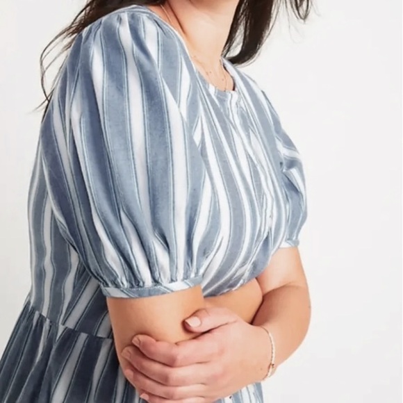 Old Navy Puff-Sleeve Tiered Midi Swing Dress in Blue Striped Small S Pockets - Picture 14 of 15